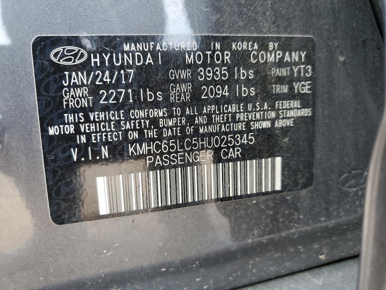 KMHC65LC5HU025345 2017 Hyundai Ioniq Blue