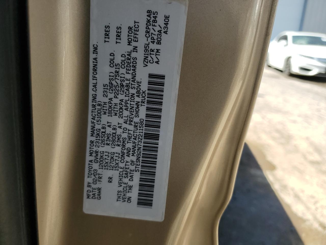 5TESN92N73Z211580 2003 Toyota Tacoma Xtracab Prerunner