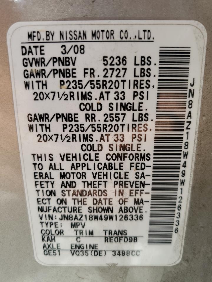 JN8AZ18W49W126336 2009 Nissan Murano S