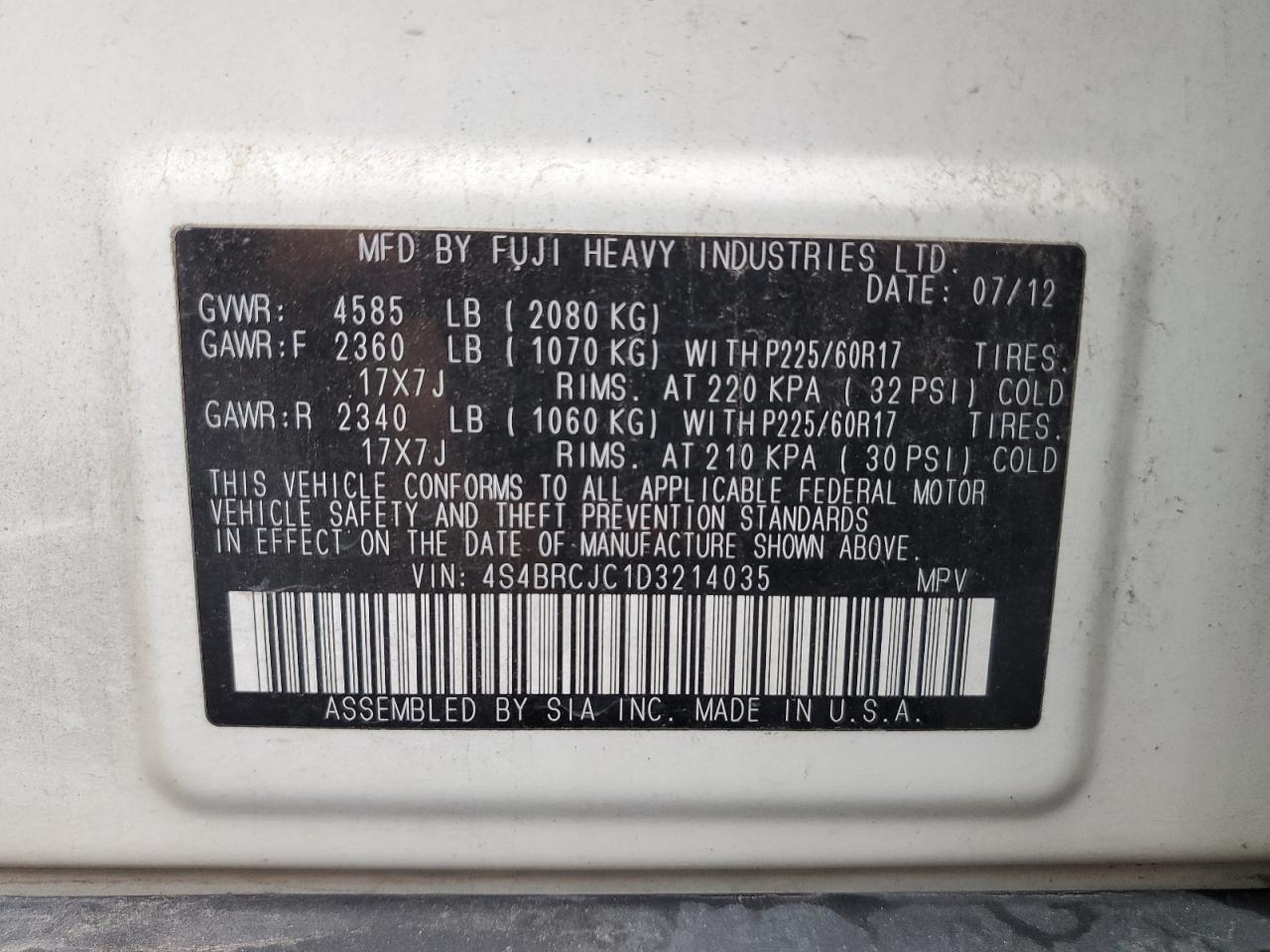 4S4BRCJC1D3214035 2013 Subaru Outback 2.5I Limited