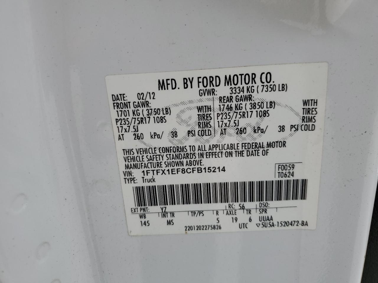 1FTFX1EF8CFB15214 2012 Ford F150 Super Cab