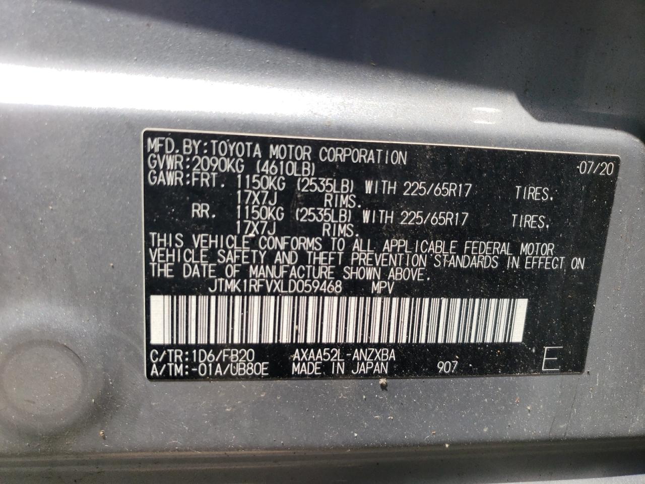 JTMK1RFVXLD059468 2020 Toyota Rav4 Le