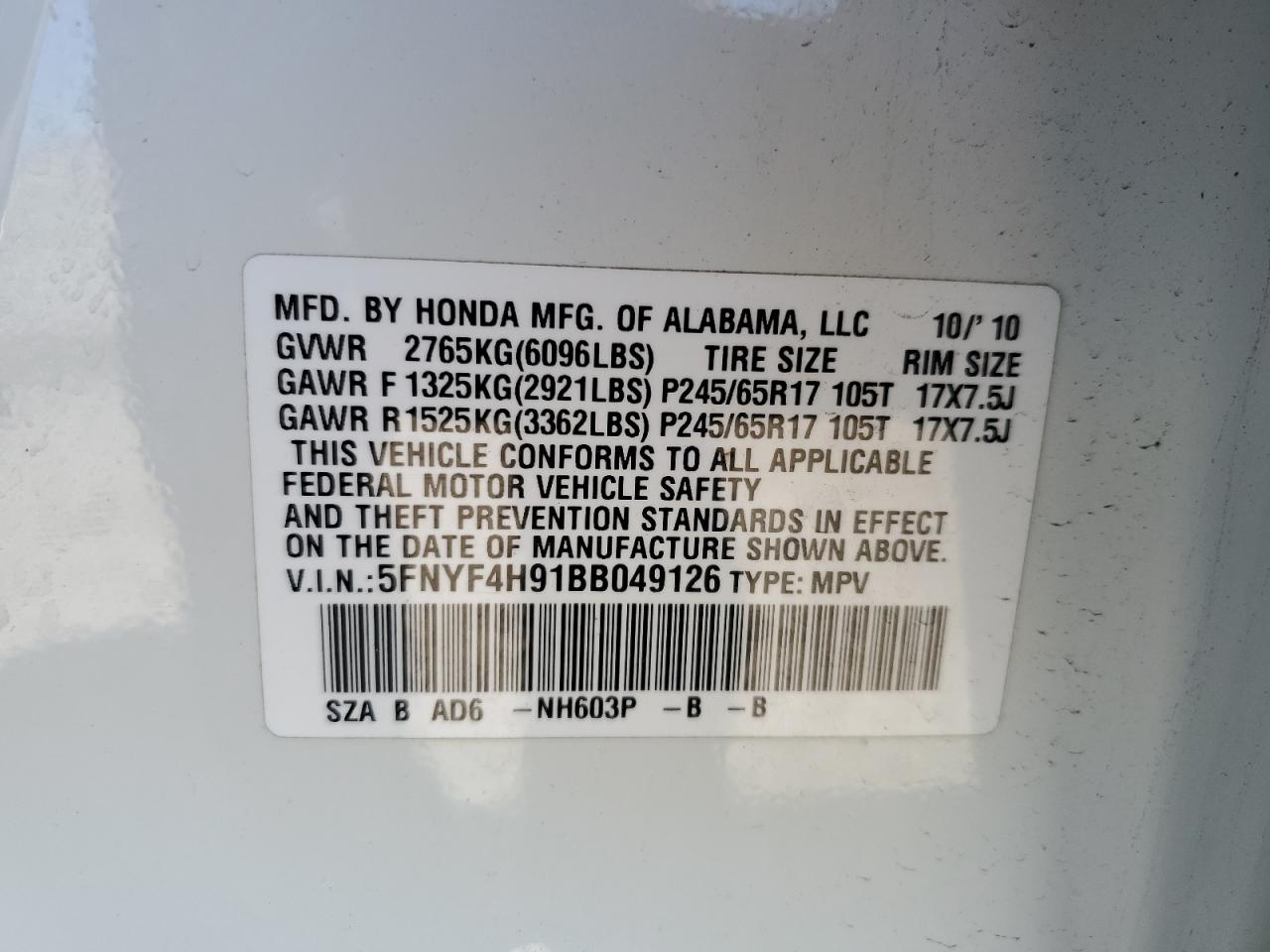 5FNYF4H91BB049126 2011 Honda Pilot Touring