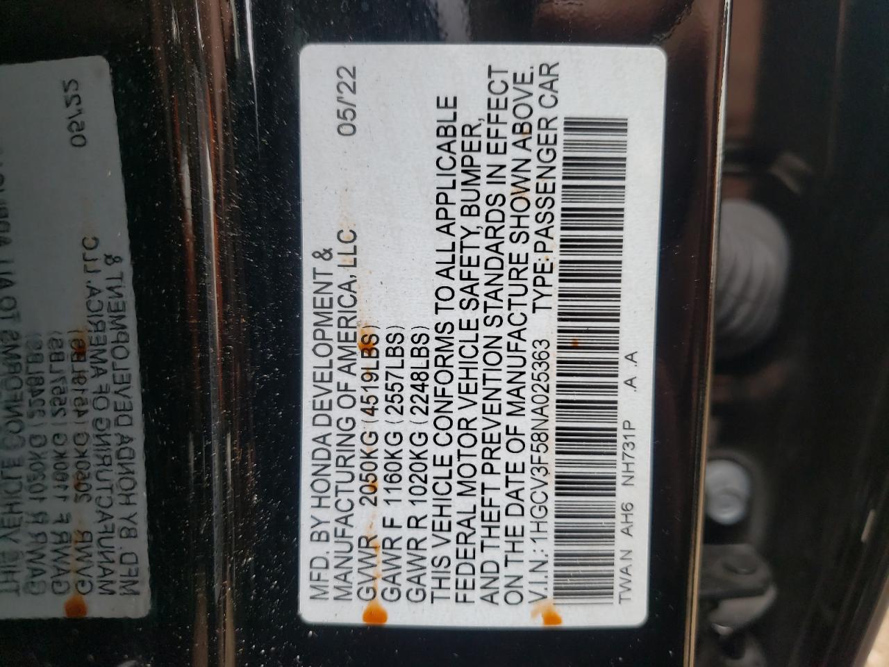 1HGCV3F58NA025363 2022 Honda Accord Hybrid Exl