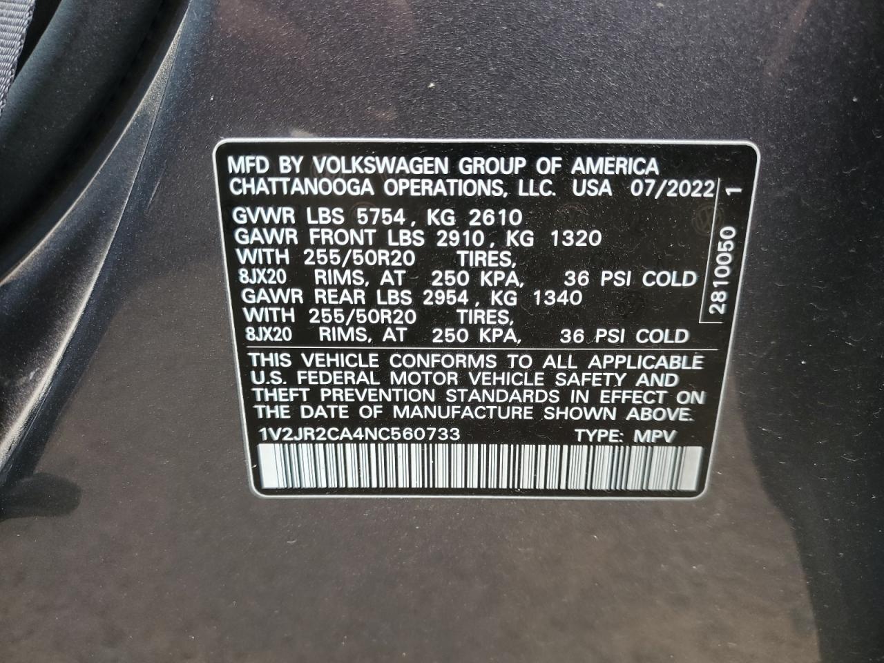 1V2JR2CA4NC560733 2022 Volkswagen Atlas Se