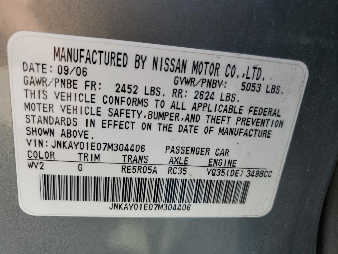 JNKAY01E07M304406 2007 Infiniti M35 Base