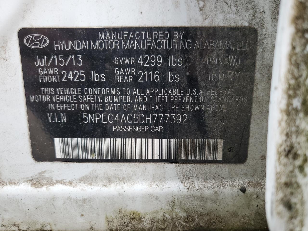 5NPEC4AC5DH777392 2013 Hyundai Sonata Se