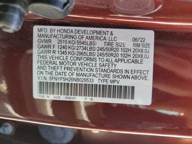 2022 Honda Pilot Se VIN: 5FNYF5H26NB029533 Lot: 60103224
