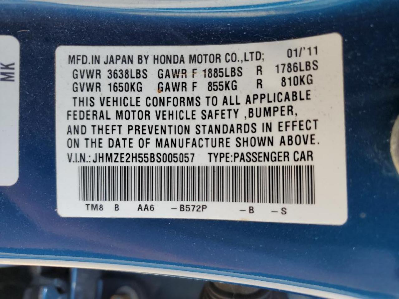 JHMZE2H55BS005057 2011 Honda Insight Lx