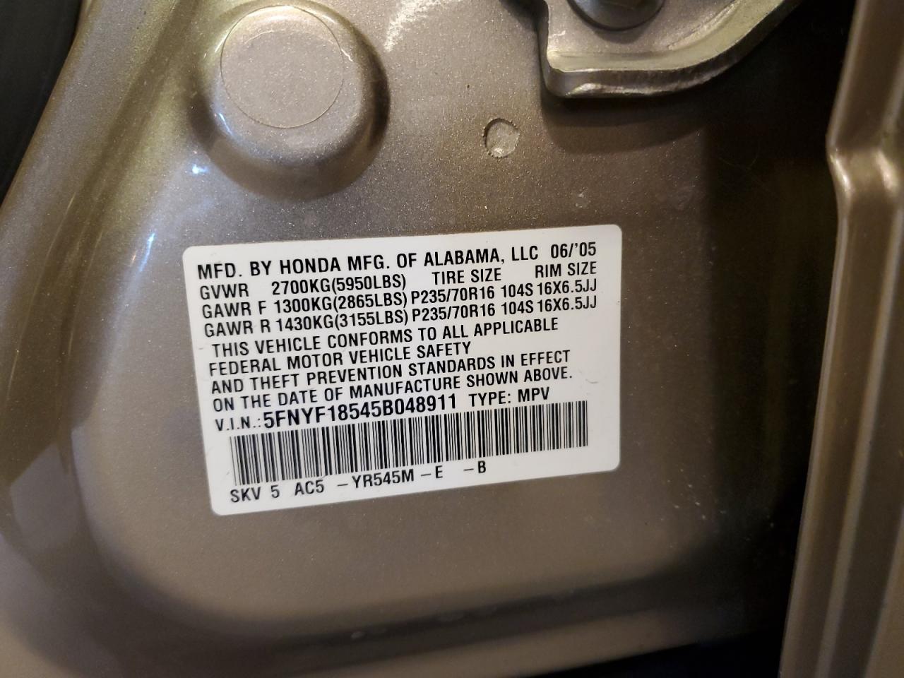 5FNYF18545B048911 2005 Honda Pilot Exl