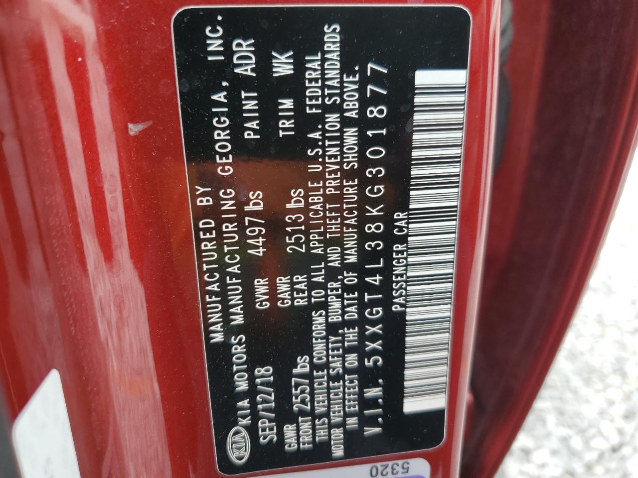 5XXGT4L38KG301877 2019 Kia Optima Lx