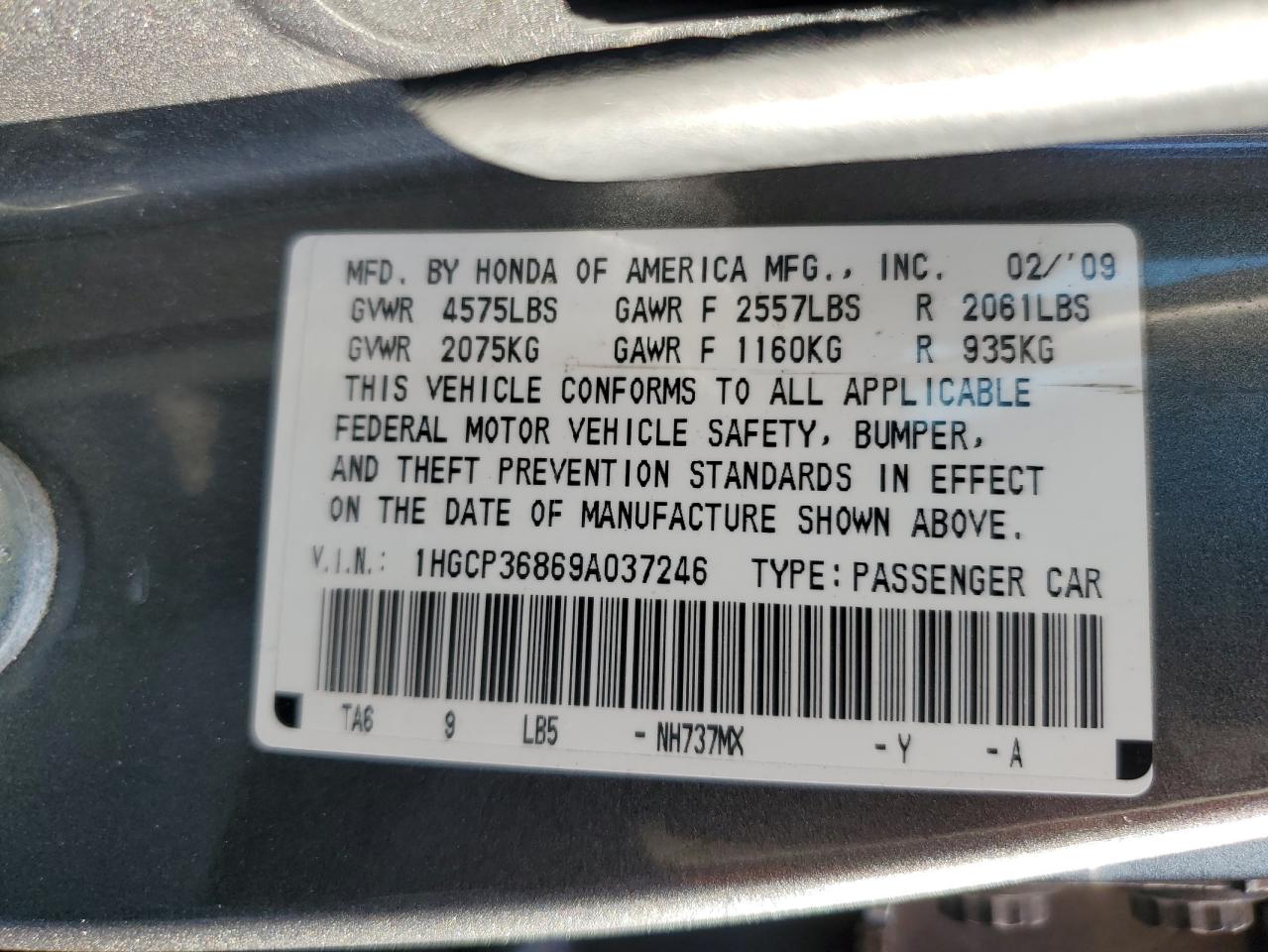 1HGCP36869A037246 2009 Honda Accord Exl
