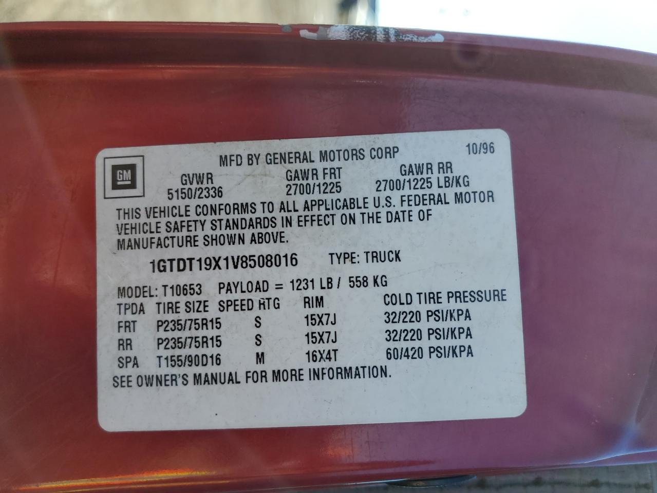 1GTDT19X1V8508016 1997 GMC Sonoma