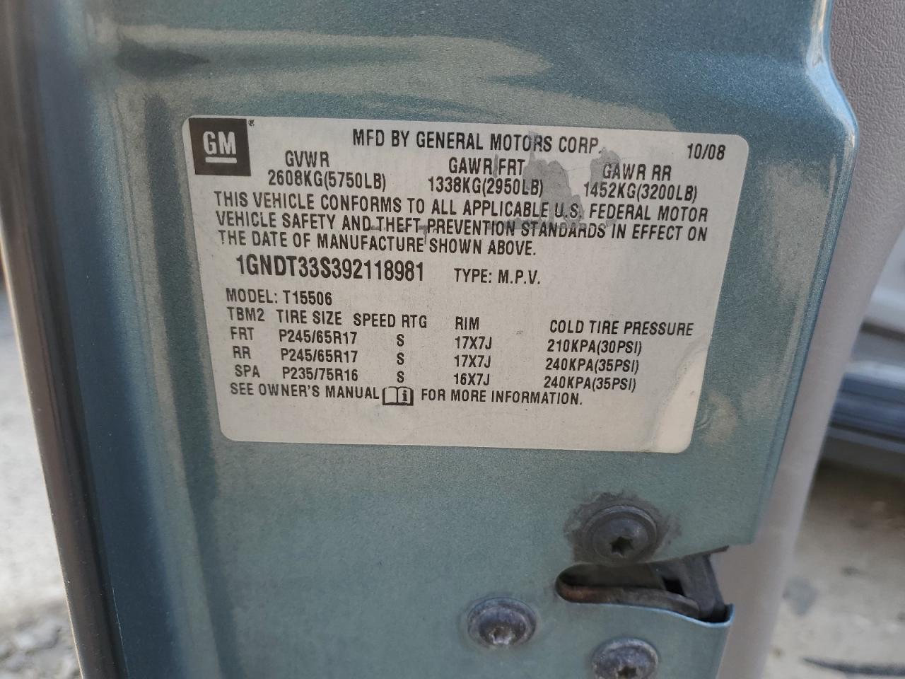 1GNDT33S392118981 2009 Chevrolet Trailblazer Lt