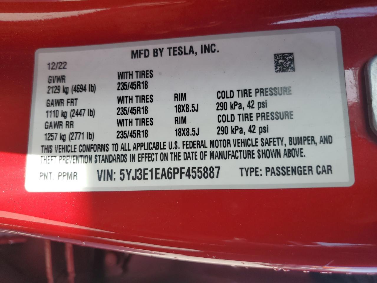 5YJ3E1EA6PF455887 2023 Tesla Model 3