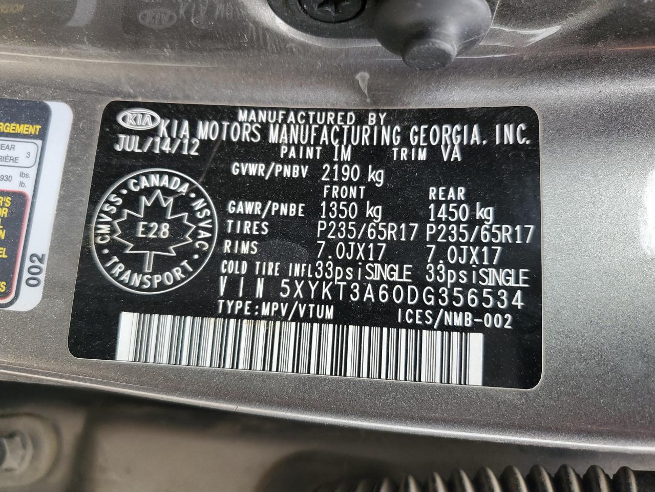 5XYKT3A60DG356534 2013 Kia Sorento Lx