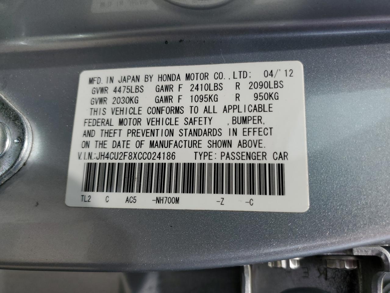 JH4CU2F8XCC024186 2012 Acura Tsx Se