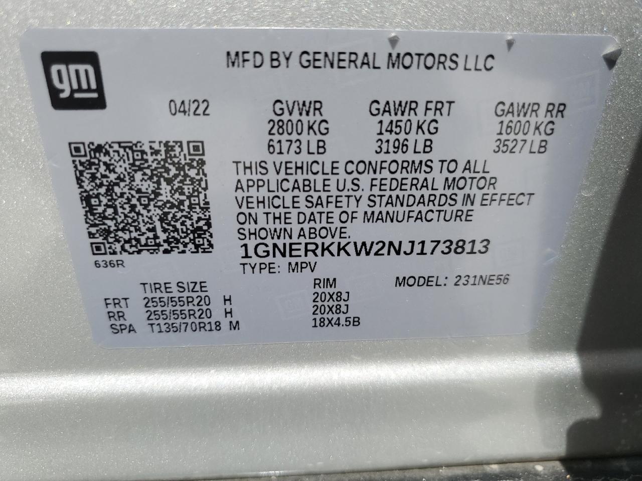 1GNERKKW2NJ173813 2022 Chevrolet Traverse Premier