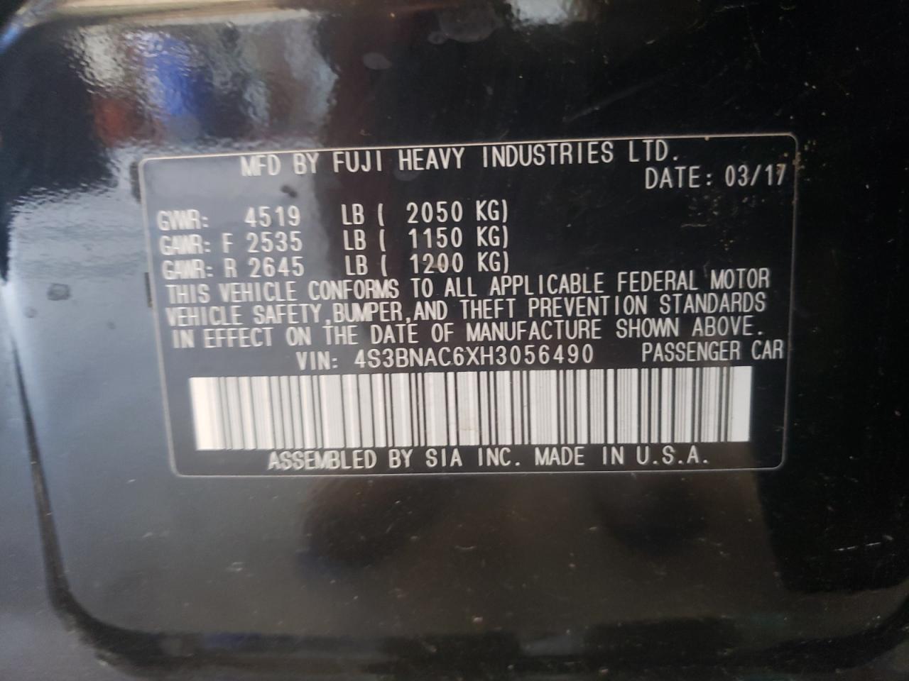 4S3BNAC6XH3056490 2017 Subaru Legacy 2.5I Premium