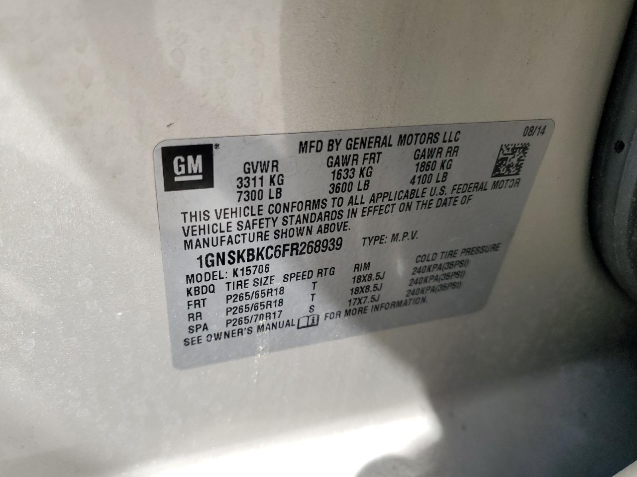 1GNSKBKC6FR268939 2015 Chevrolet Tahoe K1500 Lt