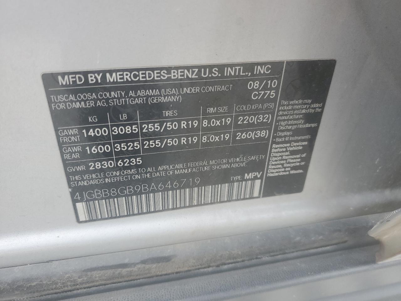 4JGBB8GB9BA646719 2011 Mercedes-Benz Ml 350 4Matic