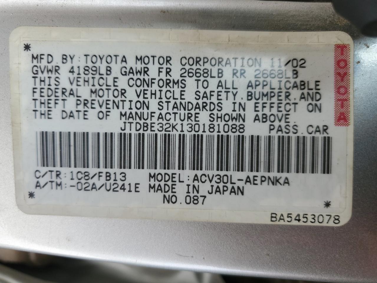 JTDBE32K130181088 2003 Toyota Camry Le