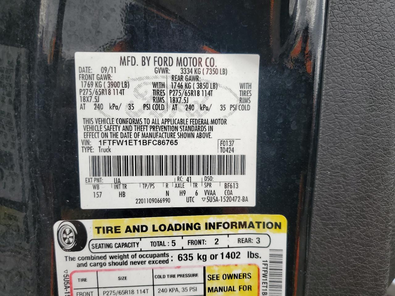 1FTFW1ET1BFC86765 2011 Ford F150 Supercrew