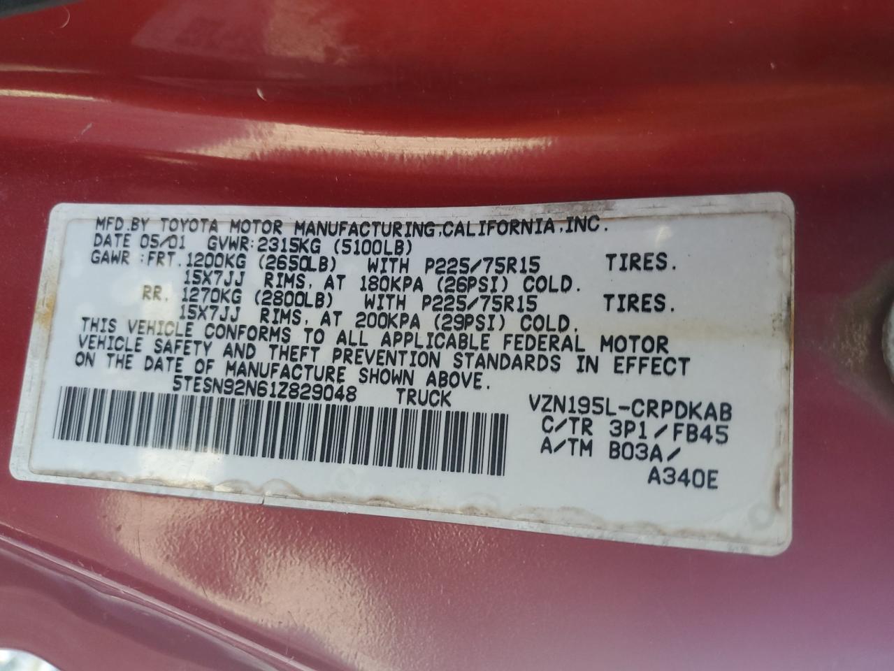 5TESN92N61Z829048 2001 Toyota Tacoma Xtracab Prerunner