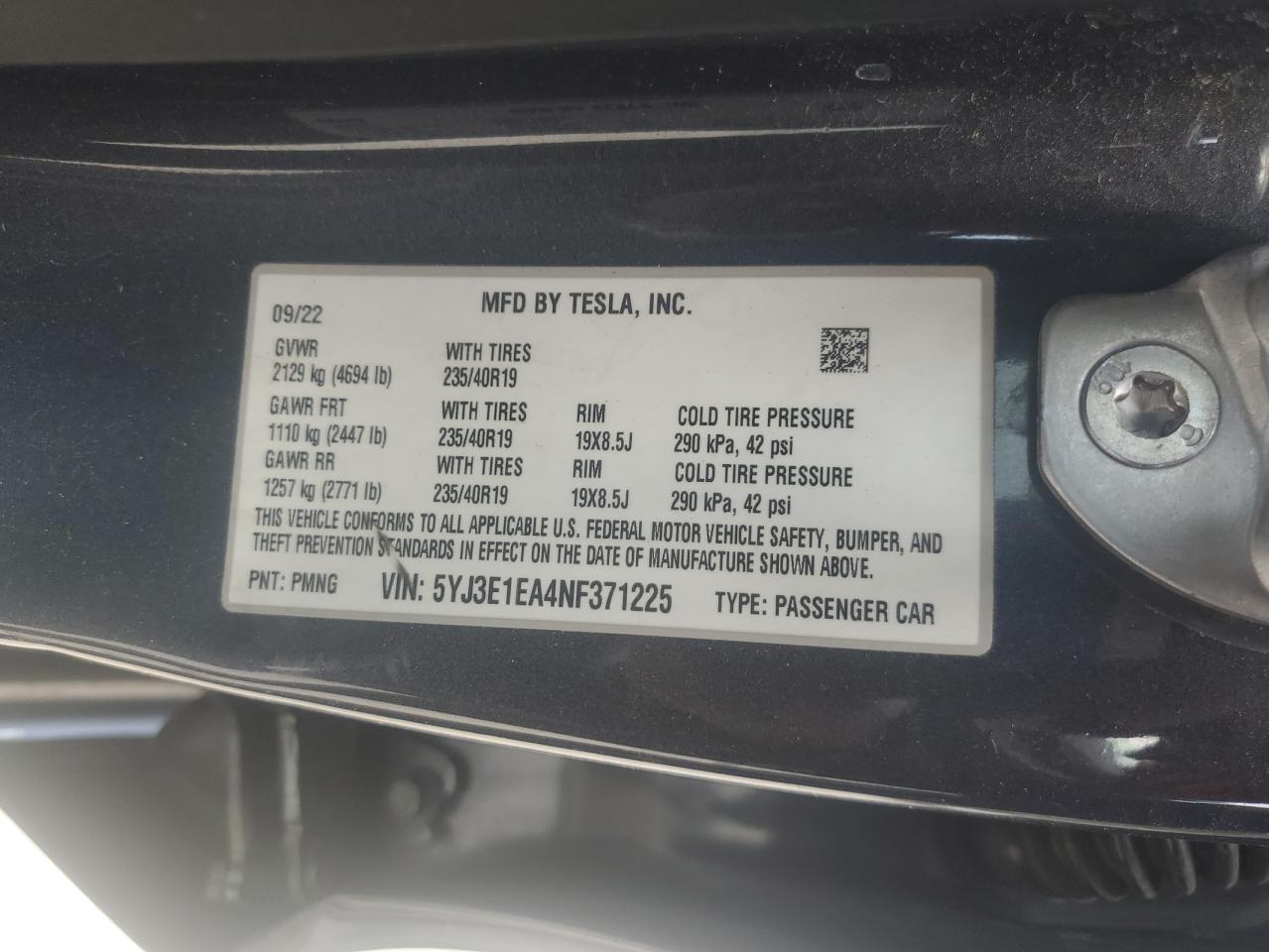 5YJ3E1EA4NF371225 2022 Tesla Model 3