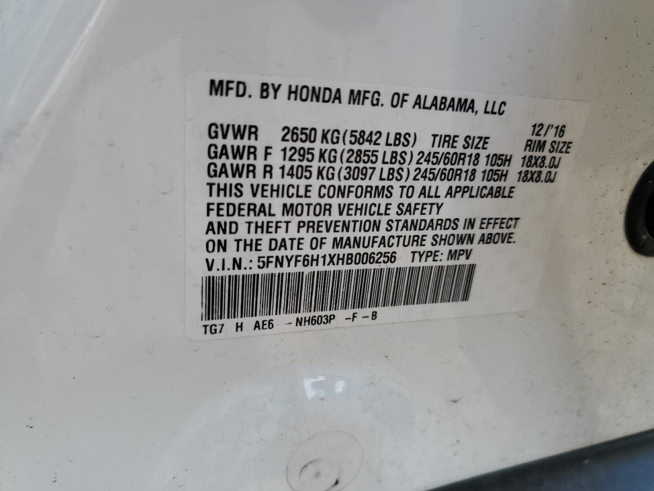 5FNYF6H1XHB006256 2017 Honda Pilot Lx