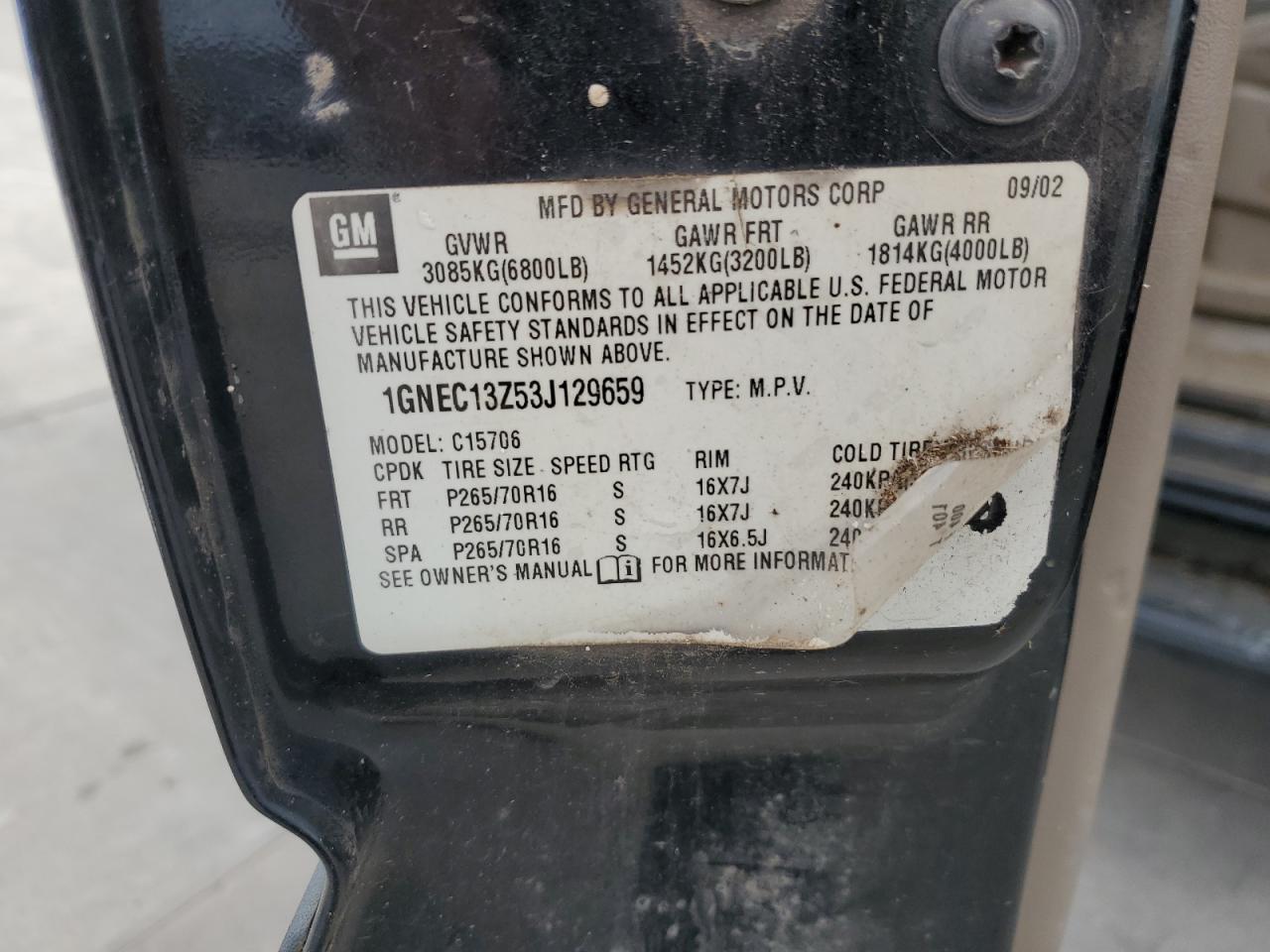 1GNEC13Z53J129659 2003 Chevrolet Tahoe C1500