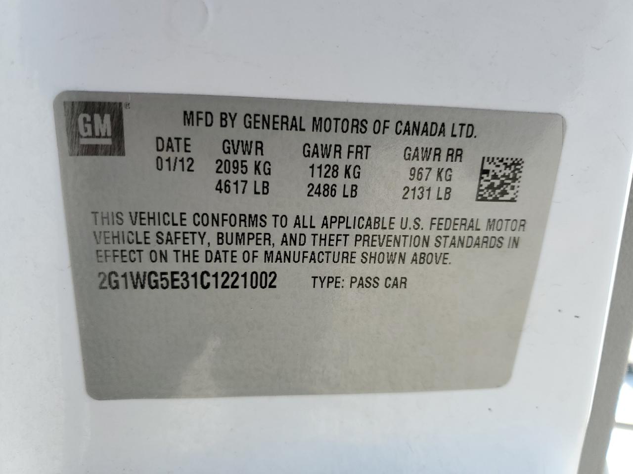 2G1WG5E31C1221002 2012 Chevrolet Impala Lt