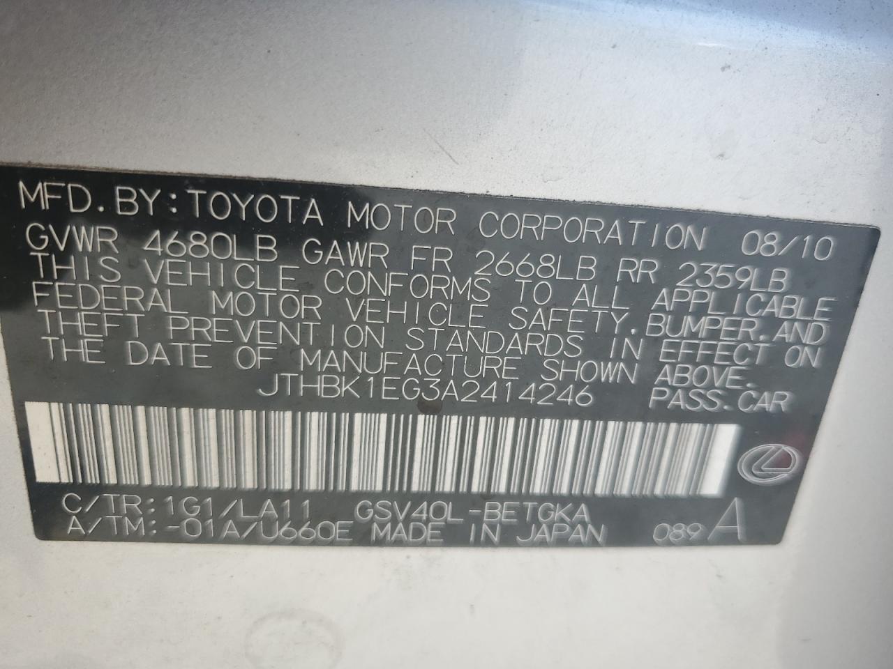 JTHBK1EG3A2414246 2010 Lexus Es 350