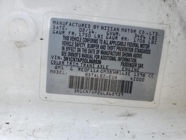 2016 Nissan Versa S VIN: 3N1CN7AP2GL868939 Lot: 59643814