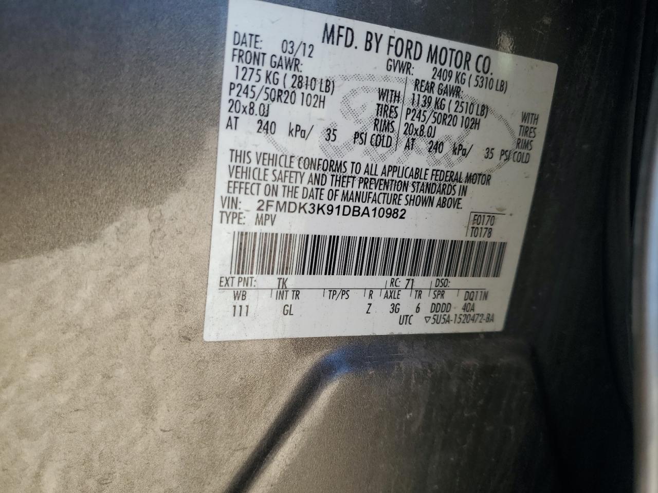 2FMDK3K91DBA10982 2013 Ford Edge Limited