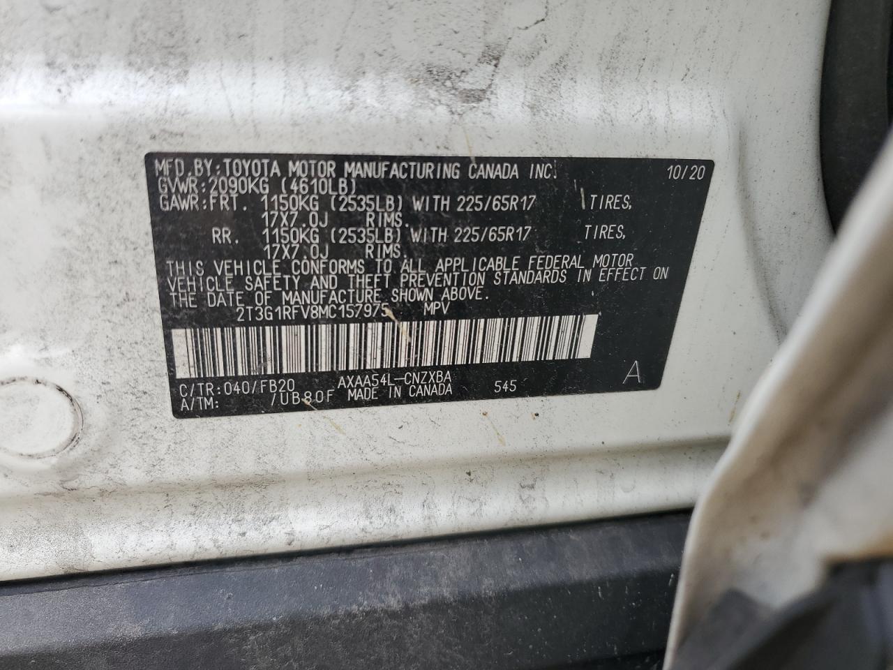 2T3G1RFV8MC157975 2021 Toyota Rav4 Le