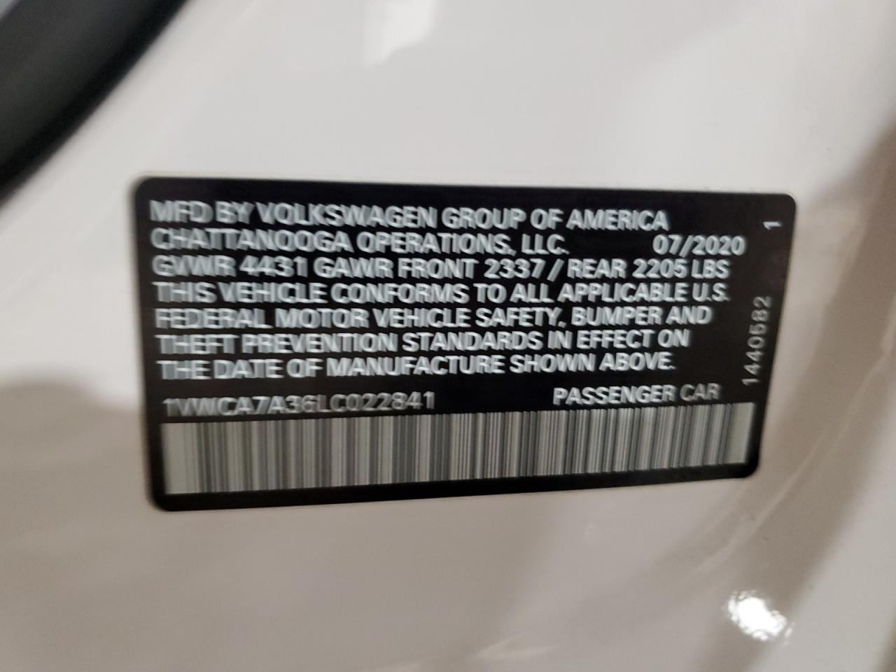 1VWCA7A36LC022841 2020 Volkswagen Passat Sel