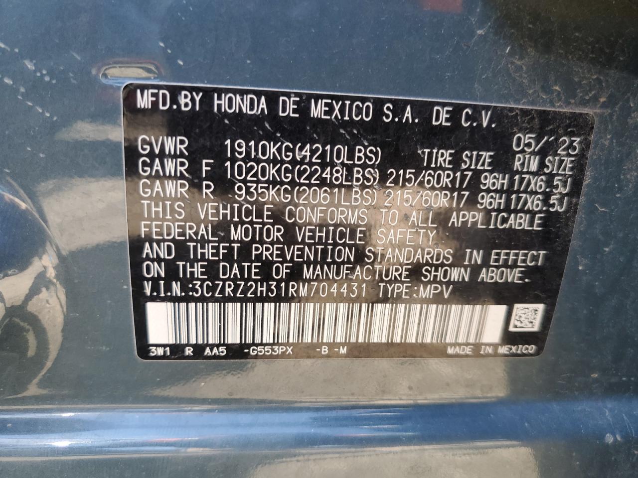 3CZRZ2H31RM704431 2024 Honda Hr-V Lx