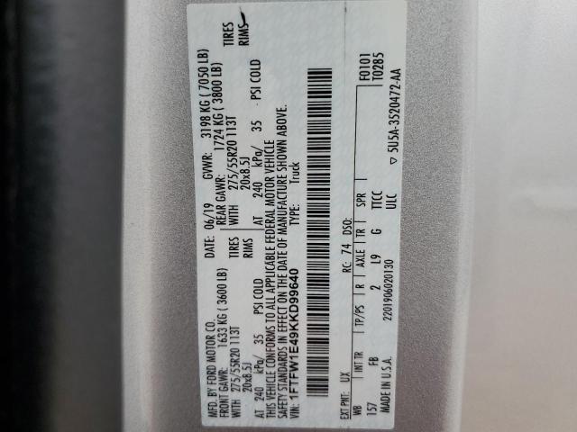 2019 Ford F150 Supercrew VIN: 1FTFW1E49KKD99640 Lot: 59150464