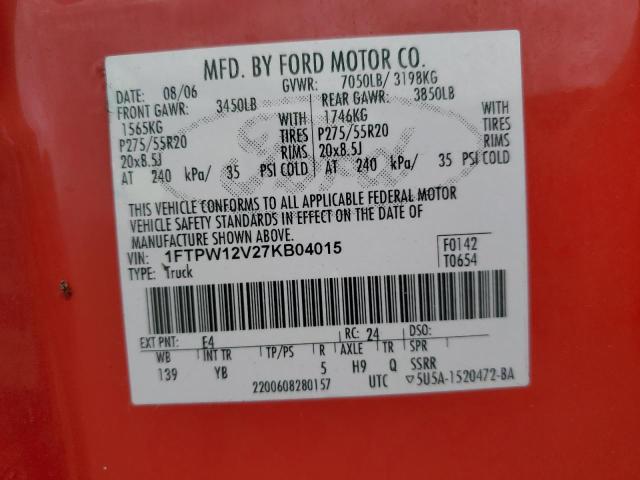 2007 Ford F150 Supercrew VIN: 1FTPW12V27KB04015 Lot: 60858794