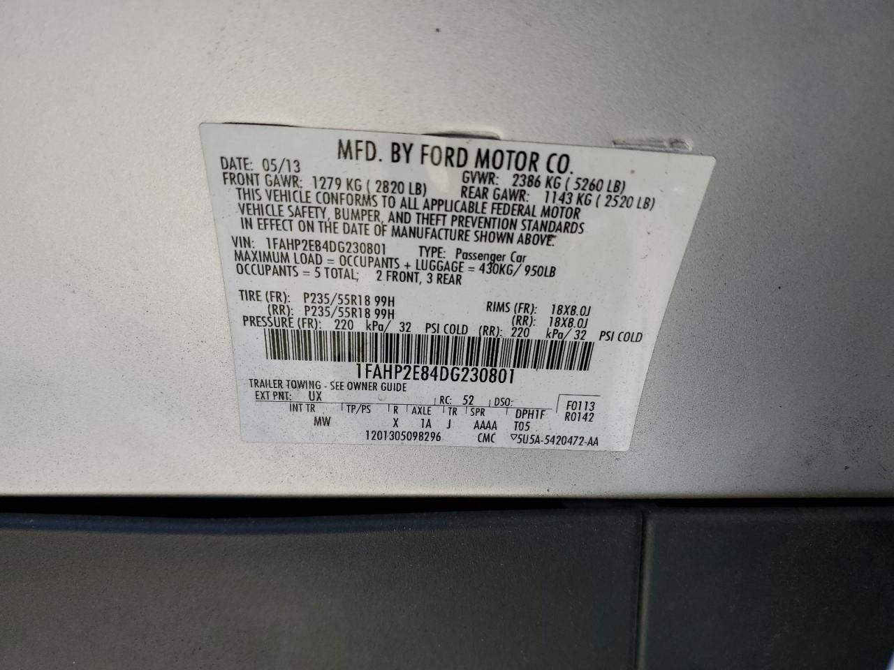 1FAHP2E84DG230801 2013 Ford Taurus Sel