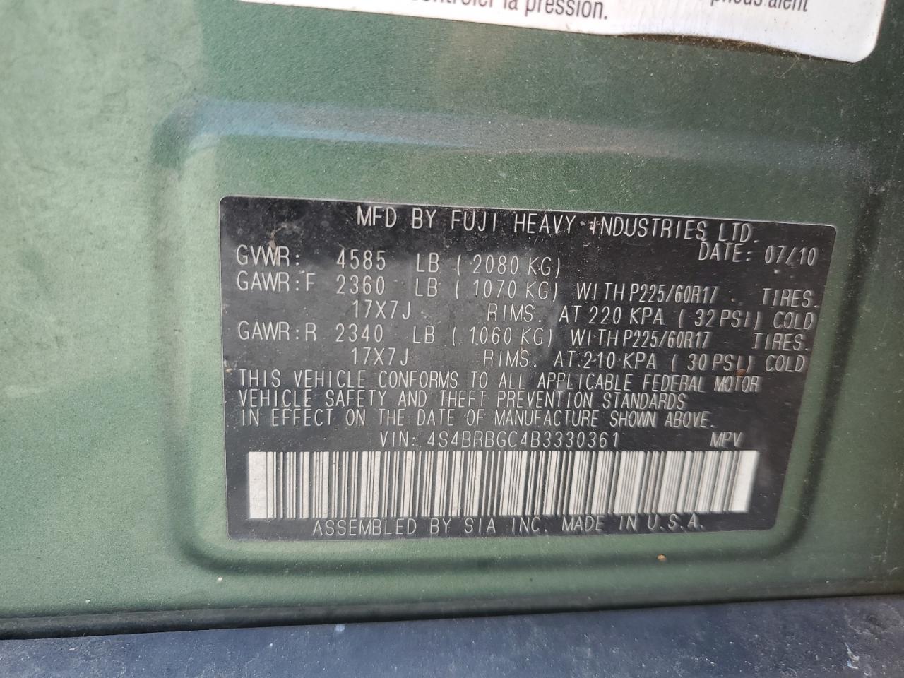 4S4BRBGC4B3330361 2011 Subaru Outback 2.5I Premium