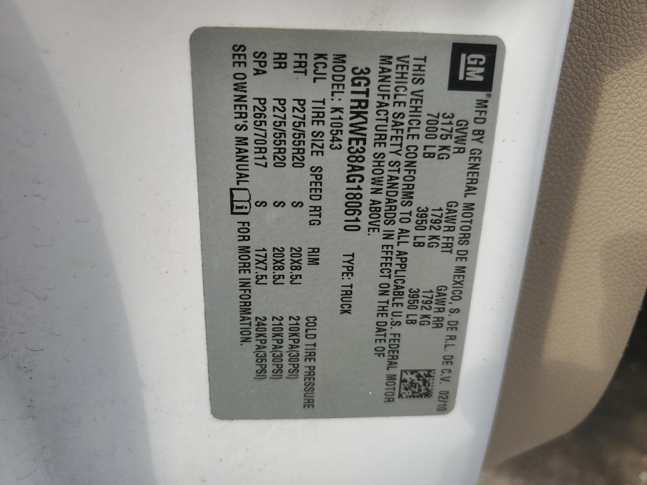 3GTRKWE38AG180610 2010 GMC Sierra K1500 Slt