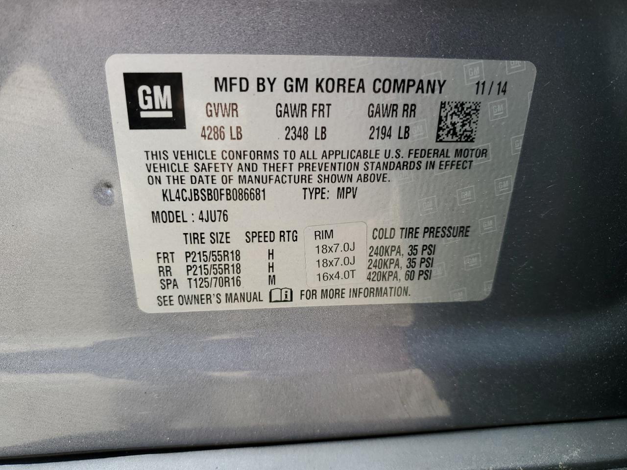 KL4CJBSB0FB086681 2015 Buick Encore Convenience