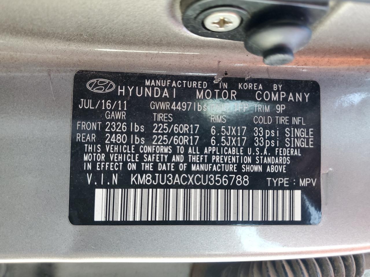 KM8JU3ACXCU356788 2012 Hyundai Tucson Gls