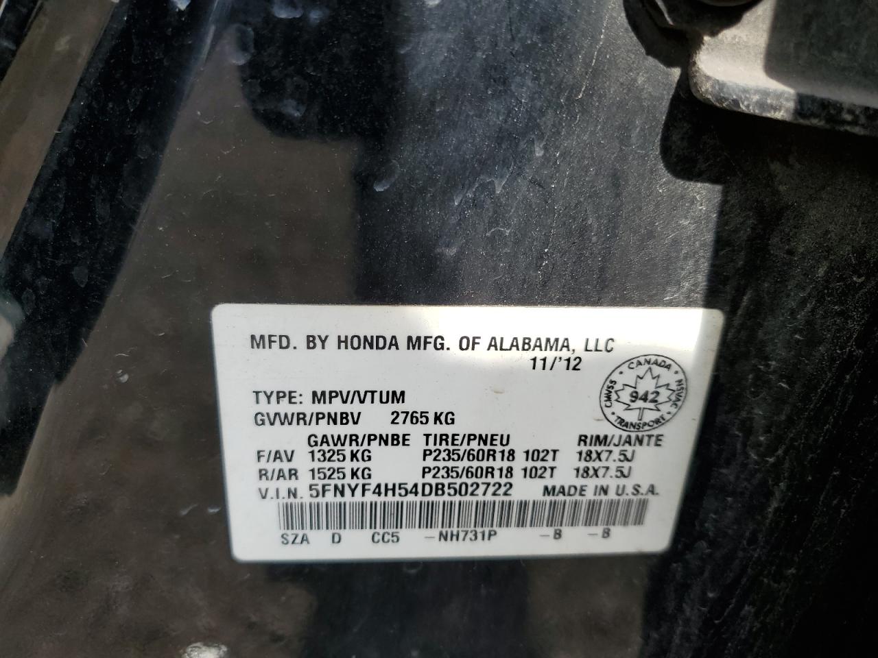 5FNYF4H54DB502722 2013 Honda Pilot Exl