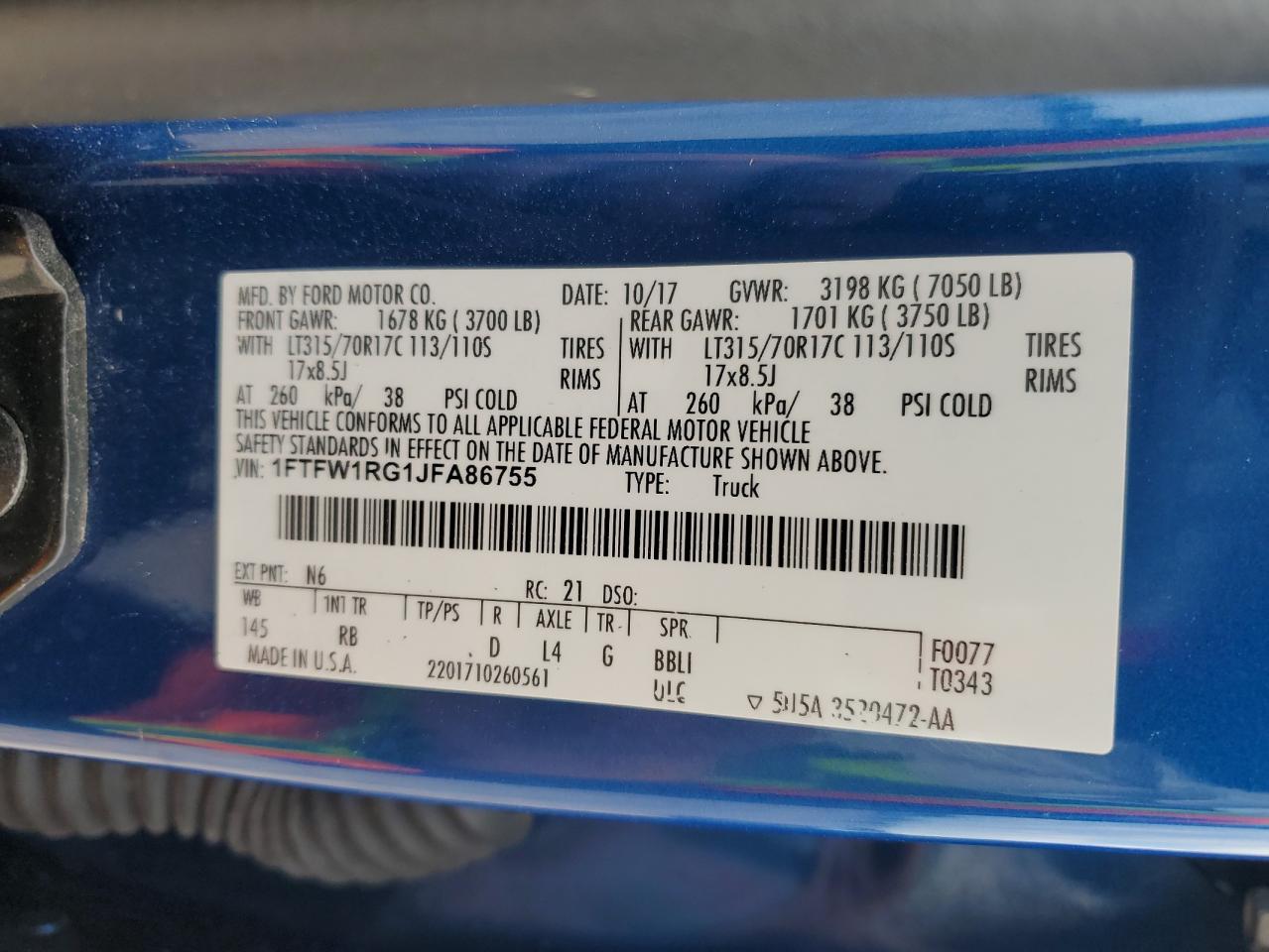 1FTFW1RG1JFA86755 2018 Ford F150 Raptor