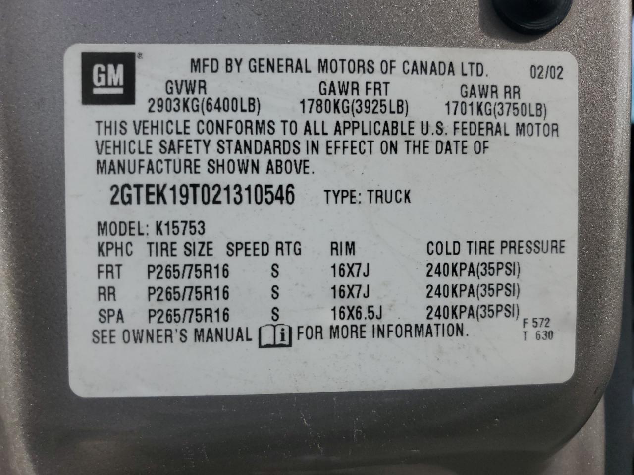 2GTEK19T021310546 2002 GMC New Sierra K1500