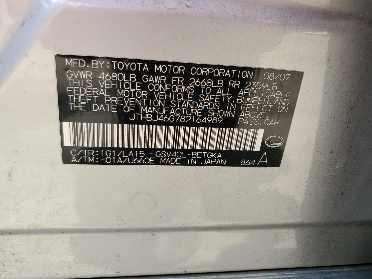 JTHBJ46G782164989 2008 Lexus Es 350