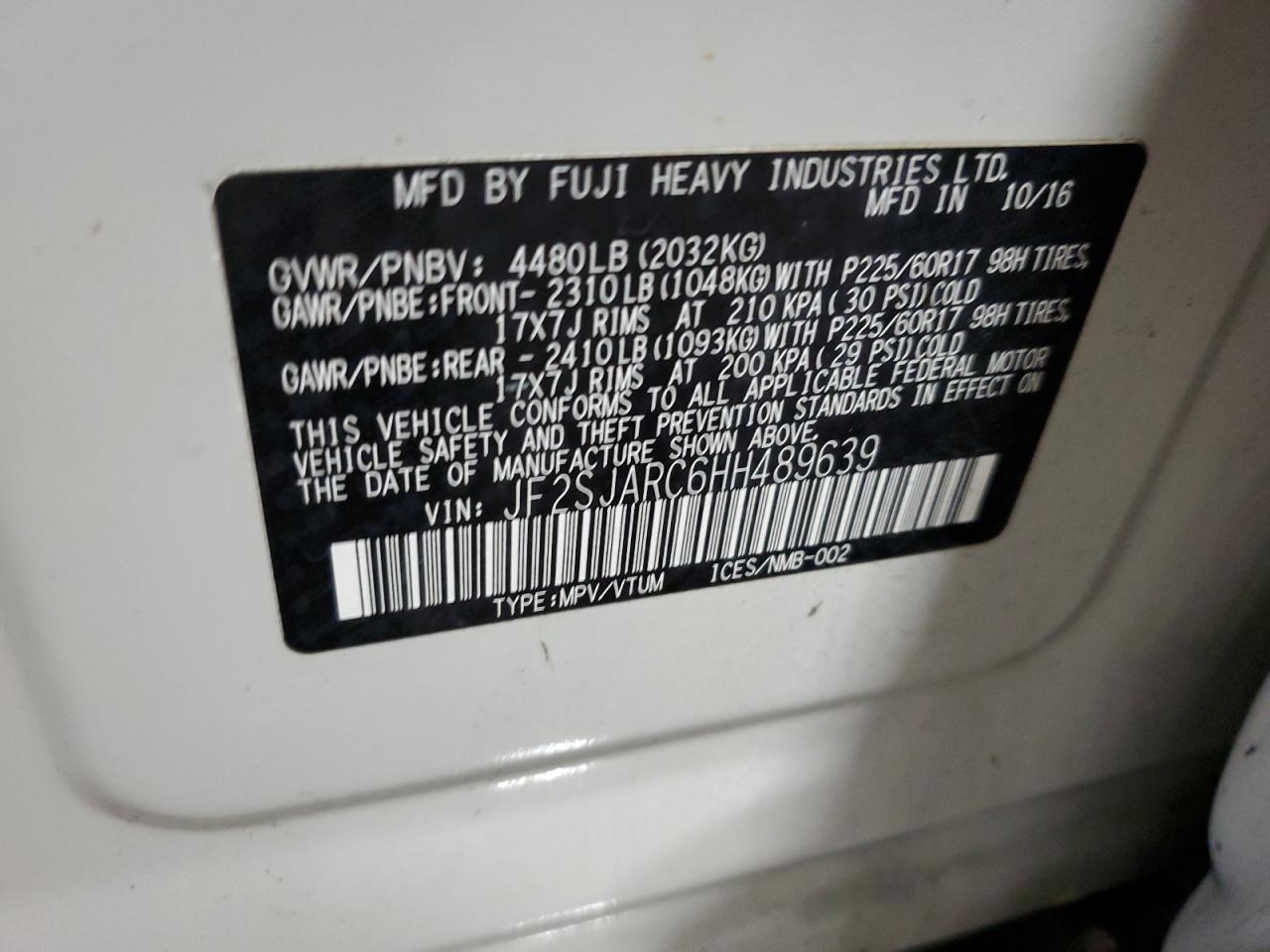 JF2SJARC6HH489639 2017 Subaru Forester 2.5I Limited